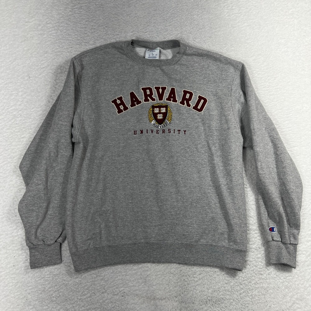 Vintage CHAMPION Harvard University Sweatshirt L Gray Crew Ivy Preppy Embroider
